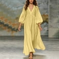 thumbnail image 2 of Women's Boho Deep V Neck Maxi Dress, Lantern Sleeve Loose Flowy Swing Dress, Solid Casual Vacation Beach Cover Up Dress for Summer Outfits Yellow XL(XL), 2 of 7