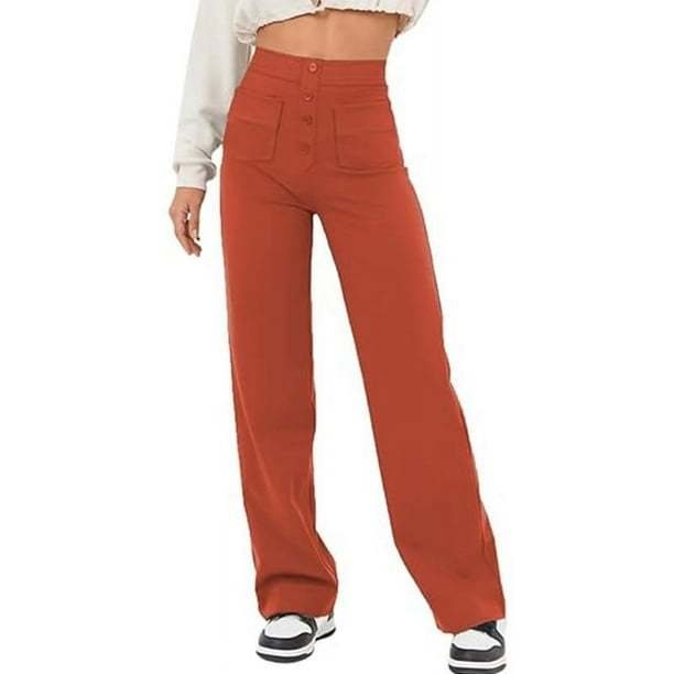 Pantalones rectos holgados casuales con botones y pierna ancha y bolsillo de cintura alta para mujer de otoño europeo y americano