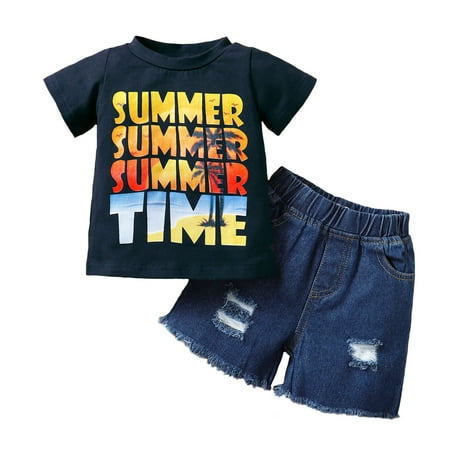 

Toddler Baby Boys Clothes Baby Boys Summer Outfits 12-18 Months Boys Letter Print Short Sleeve Top Denim Shorts 2PCS Set Black