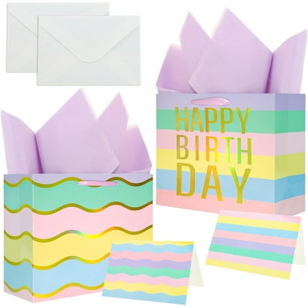 HJHJGGD Pastel Birthday Gift Bags with Tissue Paper Large 13" x 10.2" x 5.2" Rainbow Paper Gift Bags Colorful Gift Wrap Bags with Handles for Birthday Party Supplies, 2 Pack