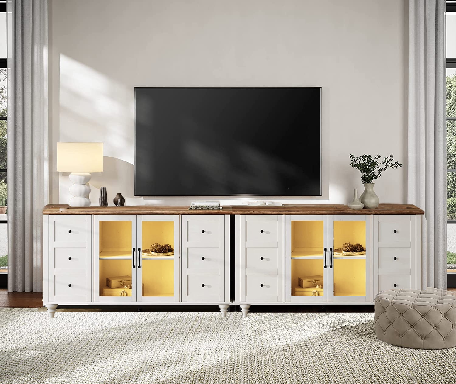 Glass Door TV Stand with Yellow Light Farmhouse Modern TV Stand for TVs up to 110 inches,White Entertainment Center with 16 LED Light for Living Room