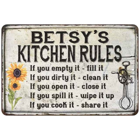 Betsy's Kitchen Rules Chic Sign Vintage Decor 8 x 12 High Gloss Metal 208120032433