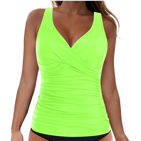 Ahabrexf Push Up Swim Tops for Women, Solid Color Wrap V-Neck Ruched Crisscross Back Adjustable Strap Padded Tankini Swim Top, 1 Pc