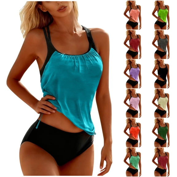 EchfiProm Womens Swimsuits Two Piece Swimwear Tankini High Waisted Blue Modest Bathing Suits for Ladies