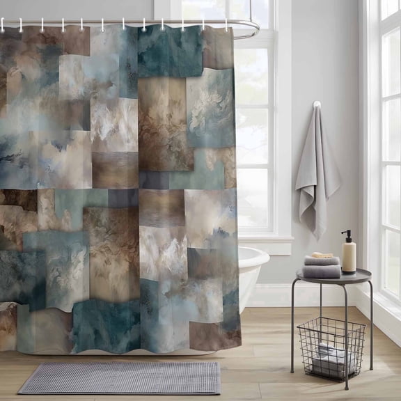 Bedliving Shower Curtain for Bathroom with 12 Hooks, Blue Gray Geometric Waterproof Fabric, 72" x 72"