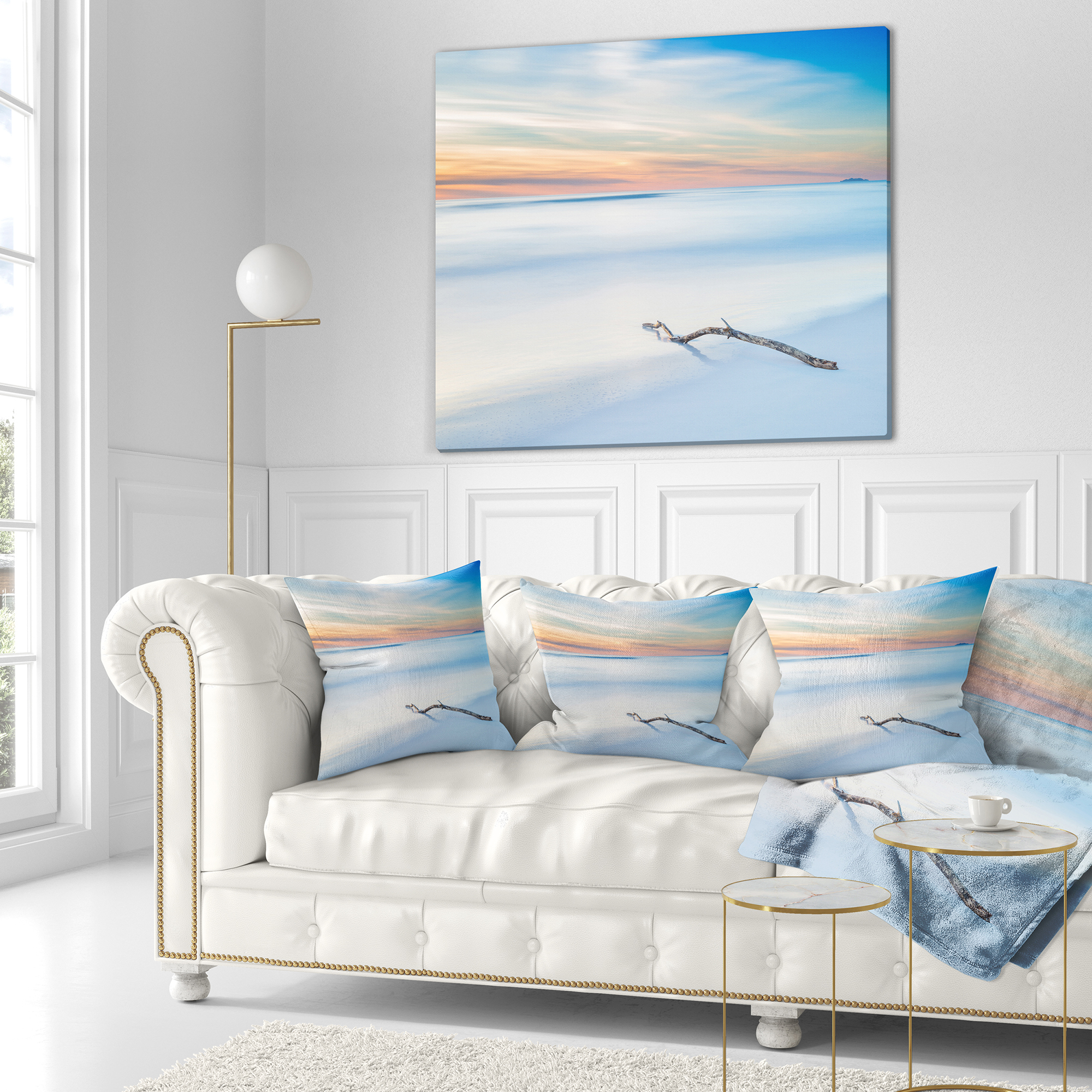Designart Wood Branch on Beach at Twilight - Modern Seascape Throw Pillow - 18x18