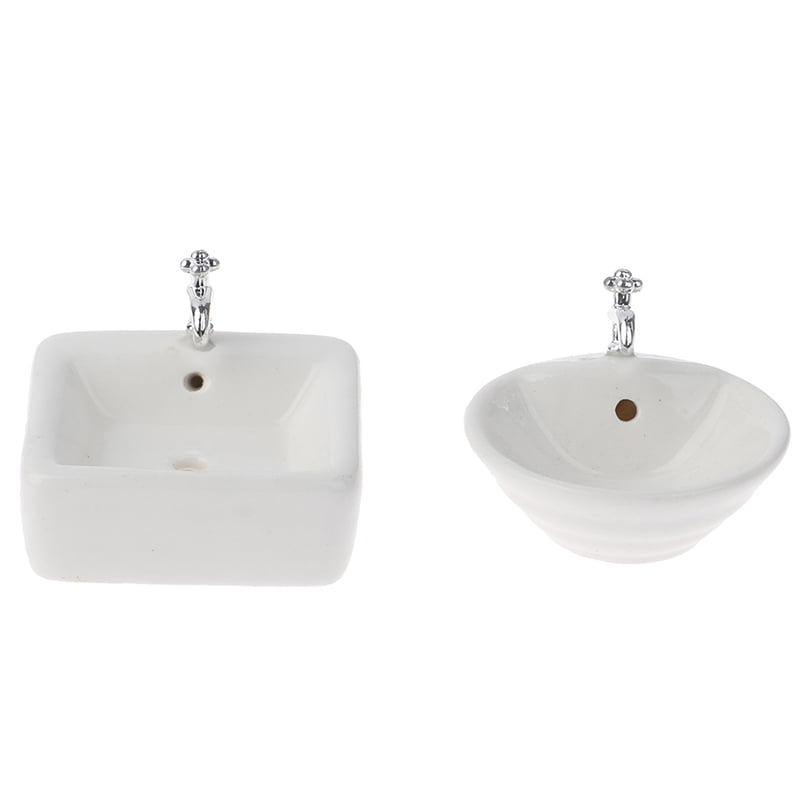 SM SunniMix 2pcs 1:12 Dollhouse Miniature Ceramic Round Wash Basin Bathroom Sink Model