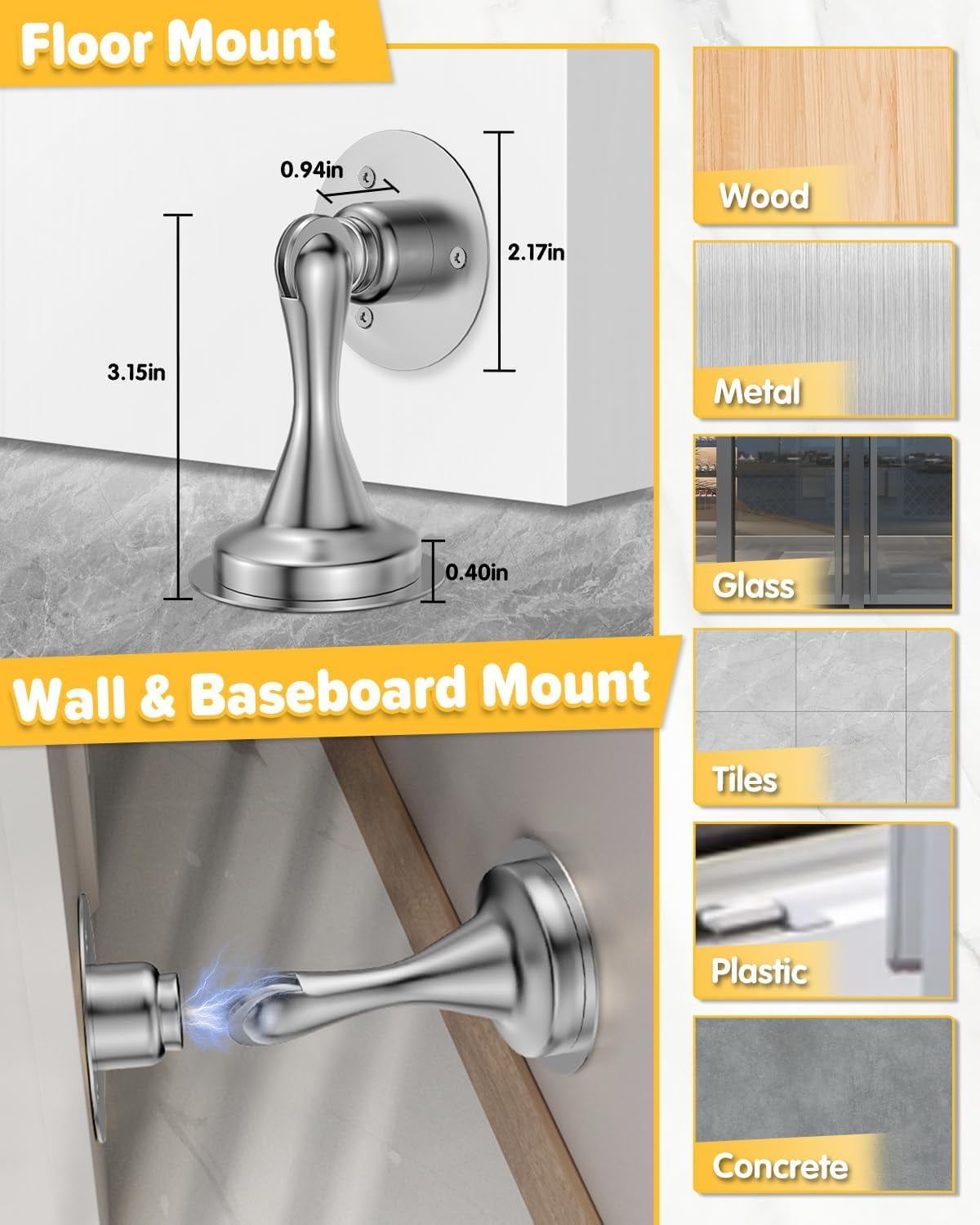 JJEAN-Door Stoppers Magnetic Door Stop - 1 Pack Stainless Steel Powerful Doorstop Catch for Wall Floor - Heavy Duty Hold Door No Drilling Double-Sided Adhesive & Screws Keep Door Open, Silver