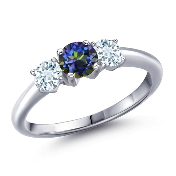 Gem Stone King 925 Sterling Silver Blue Mystic Topaz and Sky Blue Aquamarine Engagement Ring for Women | 1.00 Cttw | Round 5MM | Gemstone November Birthstone | Size 7