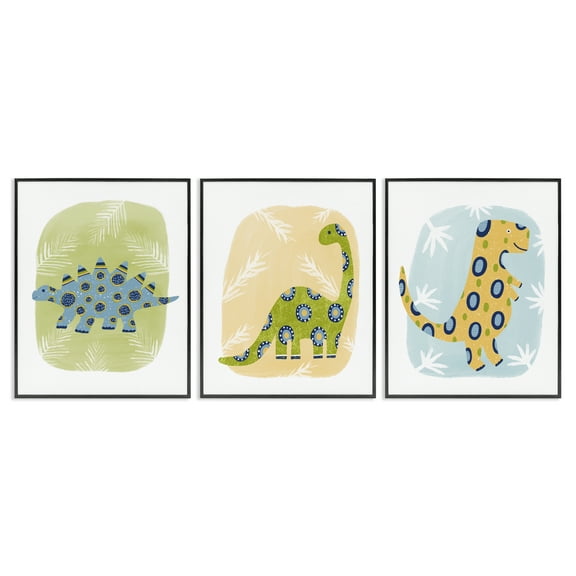 Stupell Industries Three Patterned Dinosaurs Animals Painting Black Framed Art Print Wall Art, 11 x 14, Set of 3