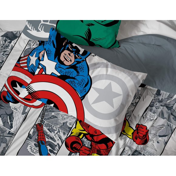 Marvel Avengers Comic Cool 7 Piece Queen Bed Set - Includes Comforter & Sheet Set - Bedding Features Captain America, Spiderman, Iron Man, Hulk, & Thor - Super Soft (Official Marvel Product)