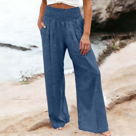 Karight Women's High Waisted Smocked Wide Leg Pants Casual Pleated Pocketed Linen Blend Palazzo Pants