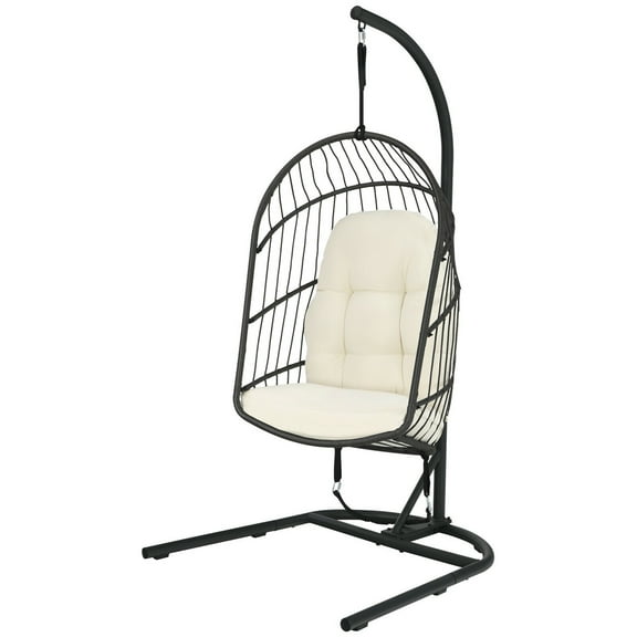 Gymax Hanging Hammock Patio Rattan Swing Egg Chair w/ Stand & Beige Cushions