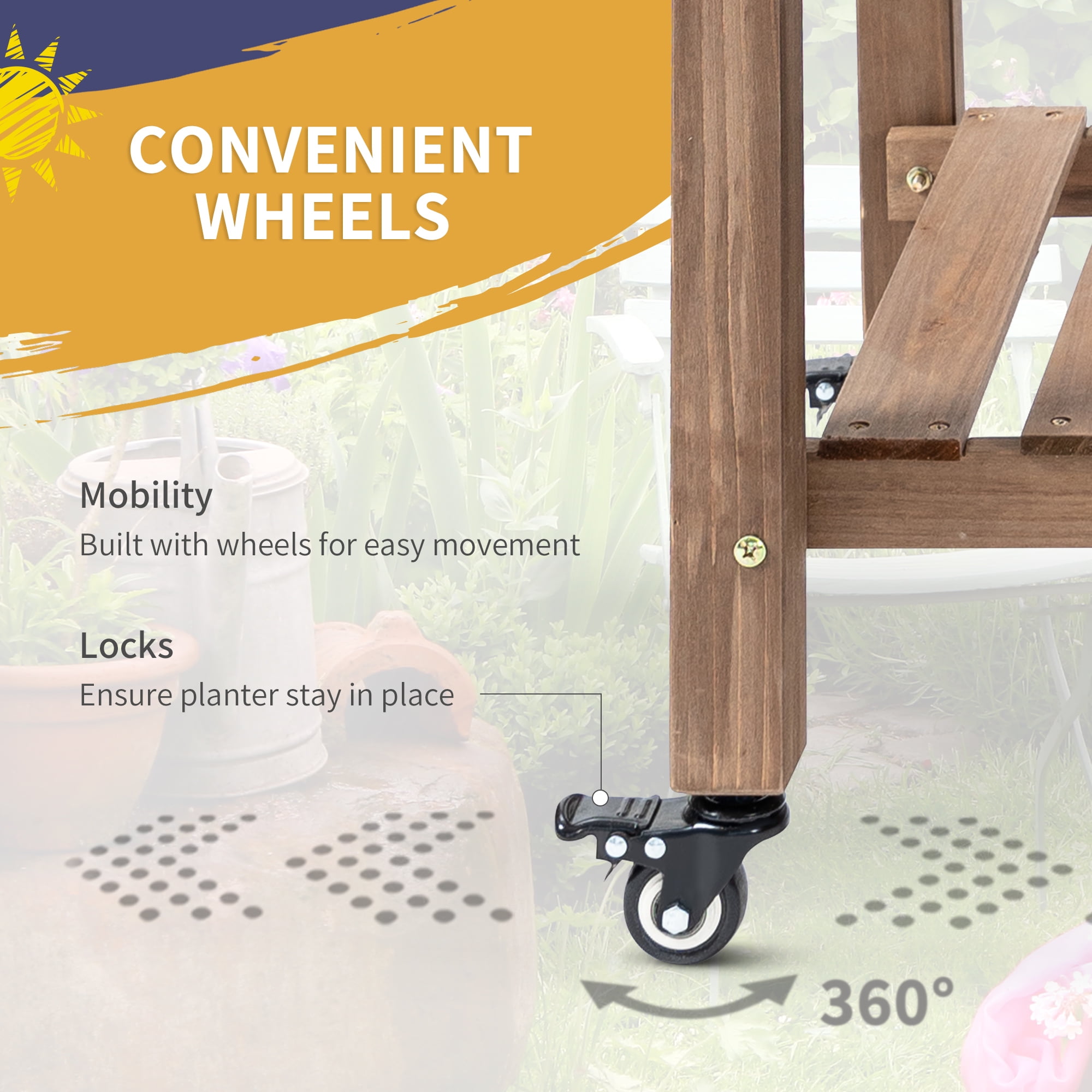 Raised Garden Bed with 8 Grow Grids, Wooden Outdoor Plant Box Stand with Folding Side Table and Wheels, for Vegetables, Flowers, Herbs, Brown