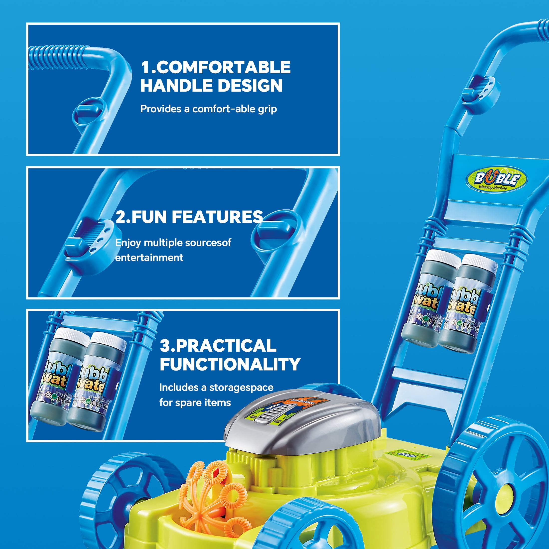 KOPPOP Bubble Lawn Mower - Bubble Machine for Outdoor and Indoor Use, Push Mower with Sound Effects and Bubble Blowing Function-bule