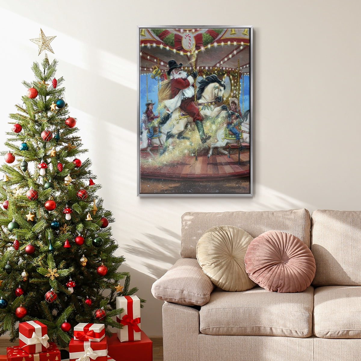 Merry Go Round - Framed Gallery Wrapped Holiday Canvas - 27 x 41 - Silver Frame
