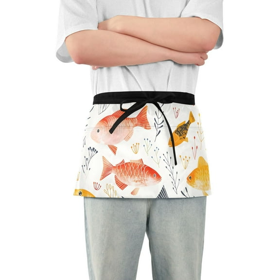 Very Cute Fish Waist Apron Adjustable Server Half Apron Kitchen Cooking with 3 Pockets for Men Women