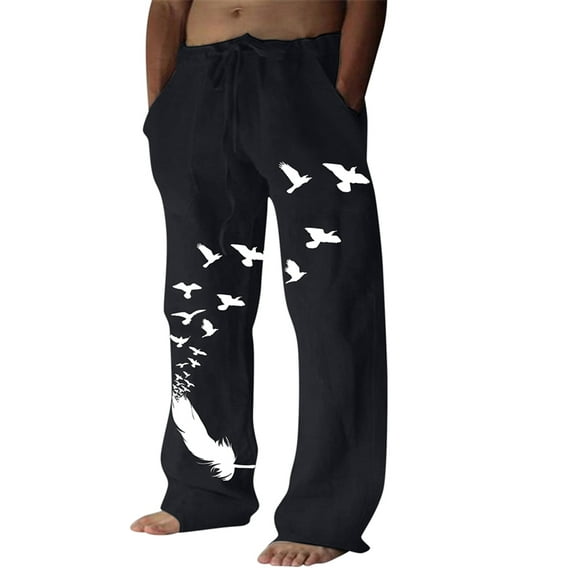 FASHIONWT Men Plus Size Bird Print Trousers Waist Drawstring Trousers Splicing Pocket Trousers Casual Full Length Trousers