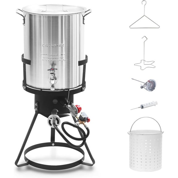 Red Mountain Valley 30 Qt Outdoor Camping Turkey Fryer with Basket,Oil Drain Valve and Timer, Large Outdoor Propane Cooking Equipment for Turkey, Chicken Wings, Fish and Seafood,.50,000 BTU Burner