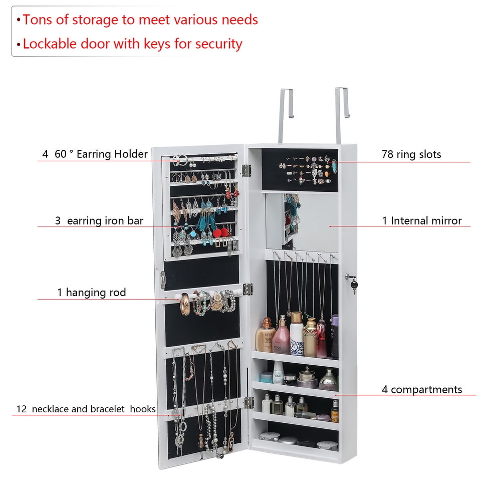Lowestbest Jewelry Mirror Cabinet, Full Mirror Wooden Wall Hanging 4-Layer Shelf 2 Drawer with Inner Mirror 3-Color LED Light- White Lowestbest Jewelry Mirror Cabinet, Full Mirror Wooden Wall Hanging 4-Layer Shelf 2 Drawer with Inner Mirror 3-Color LED Light- White