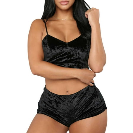 

DYMADE Women Spaghetti Strap Solid Color Sexy Pajama Suit Shorts Velvet Lingerie Pajama