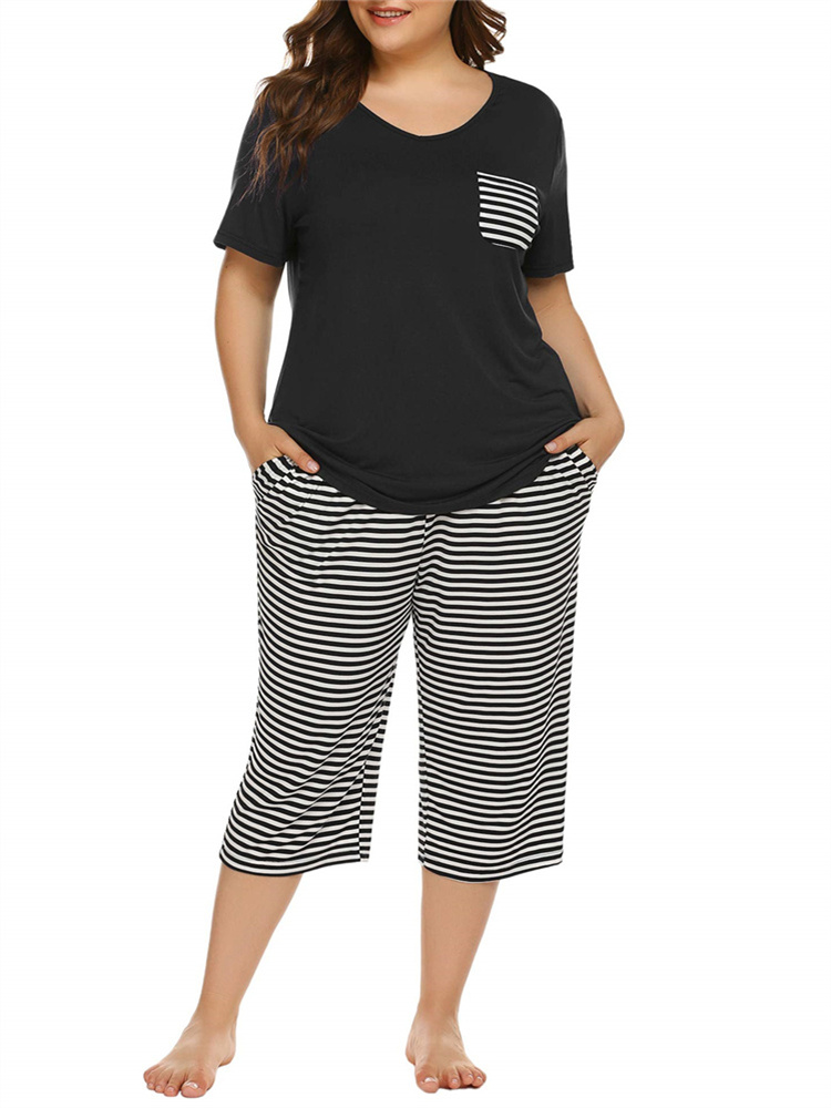 Langwyqu Plus Size Stripe Print Women Casual 2 Pieces Pajamas Set Short