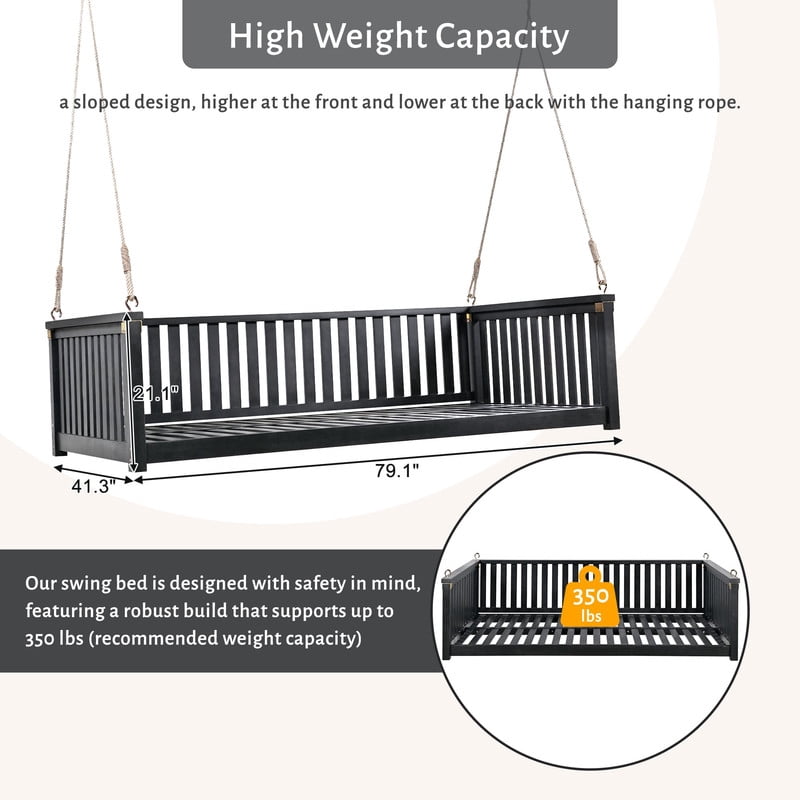 Patio Twin Size Garden Swing Bed, Wooden Porch Swing Frame with Ropes, Outdoor Hanging Swing for Garden, Backyard, Patio, Safe Sloped Design