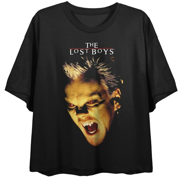 Lost Boys David Face Art Crew Neck Short Sleeve Women's Black Crop T-shirt-Large