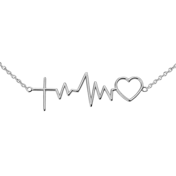Heartbeat with Cross Necklace in Sterling Silver - 18" - Length:: 18"