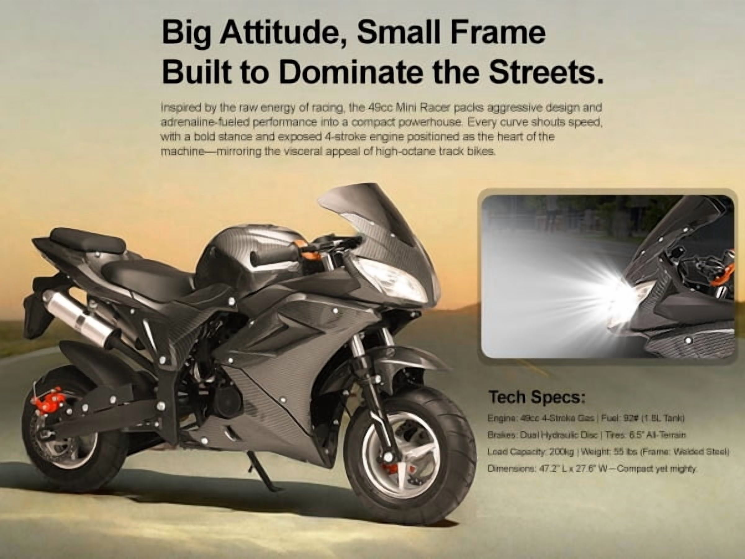 Korogimeeet Gas Powered Black Mini Street Bike 49cc 4-Stroke, Hand-Pull Start, Hydraulic Suspension, 6.5 Inch Tires, 25MPH Max Speed, 60 Min Range, 200kg, 47 x 28 x 22 Inch