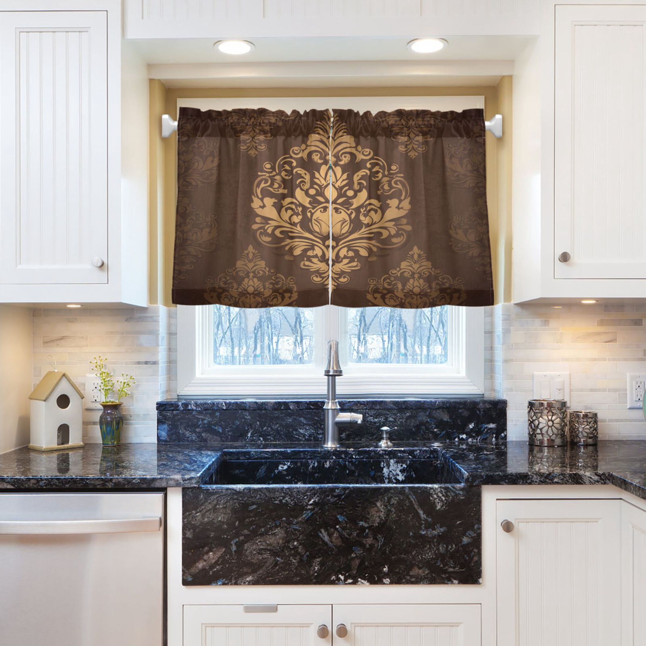 Damask Pattern 27"x36" Linen Look Cafe Curtain Set with Privacy and UV Protection
