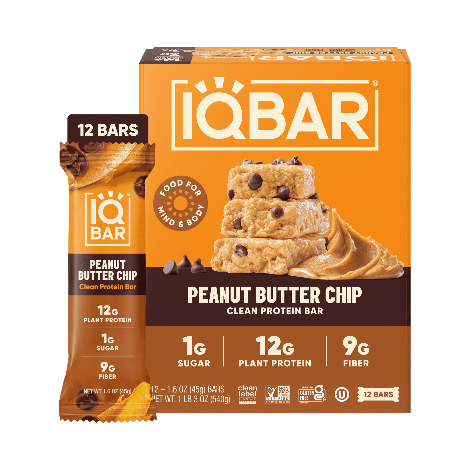 IQBAR Clean Plant Protein Bars - Peanut Butter Chip - 12 Count - Keto, Vegan, High Fiber, Gluten and Dairy Free, Low Sugar Snack