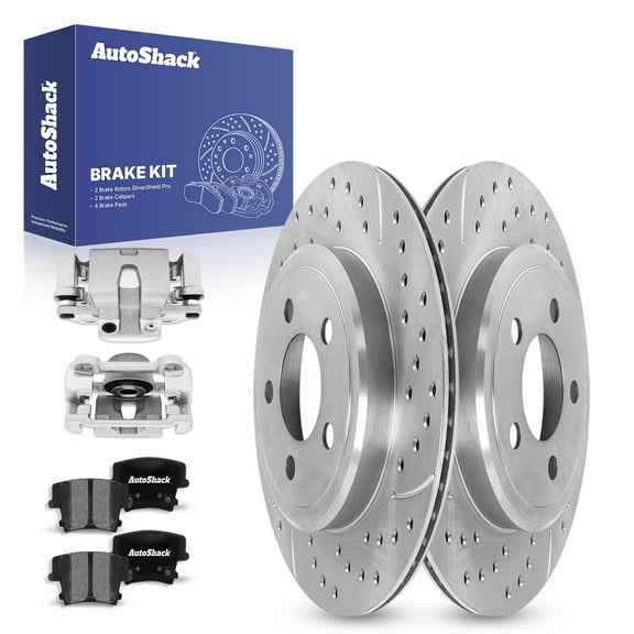 AutoShack Rear Drilled & Slotted Brake Rotors Ceramic Brake Pads Calipers | Replacement for Dodge Magnum 2010 Charger 2006-2011 Chrysler 300 RWD | Zinc Coated | 8-PC Brake Kit | SilverShield Pro