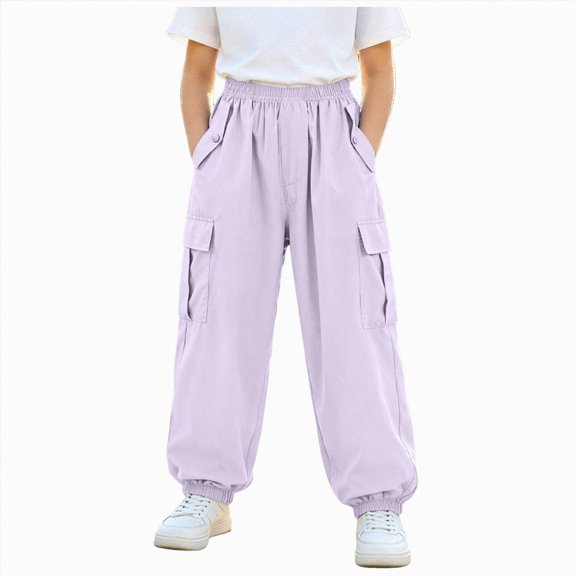 Xyant Lightweight Silky Jogger Pants for Girls Kids Warm Weather Cargo Loose High Waisted Pants (Purple,15-16 Years)
