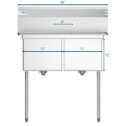 KoolMore 36 in. Two Compartment Stainless Steel Commercial Sink, Bowl Size 15x 15x 12