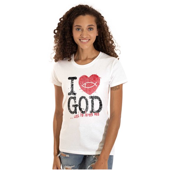 God Loves Me Jesus Christian Faith Womens Slim Fit Graphic Tee Brisco Brands S