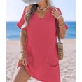 thumbnail image 6 of Swimsuit Coverup for Women Waffle Knit V Neck Short Sleeve Beach Coverup Dress with Pockets Pink L, 6 of 8