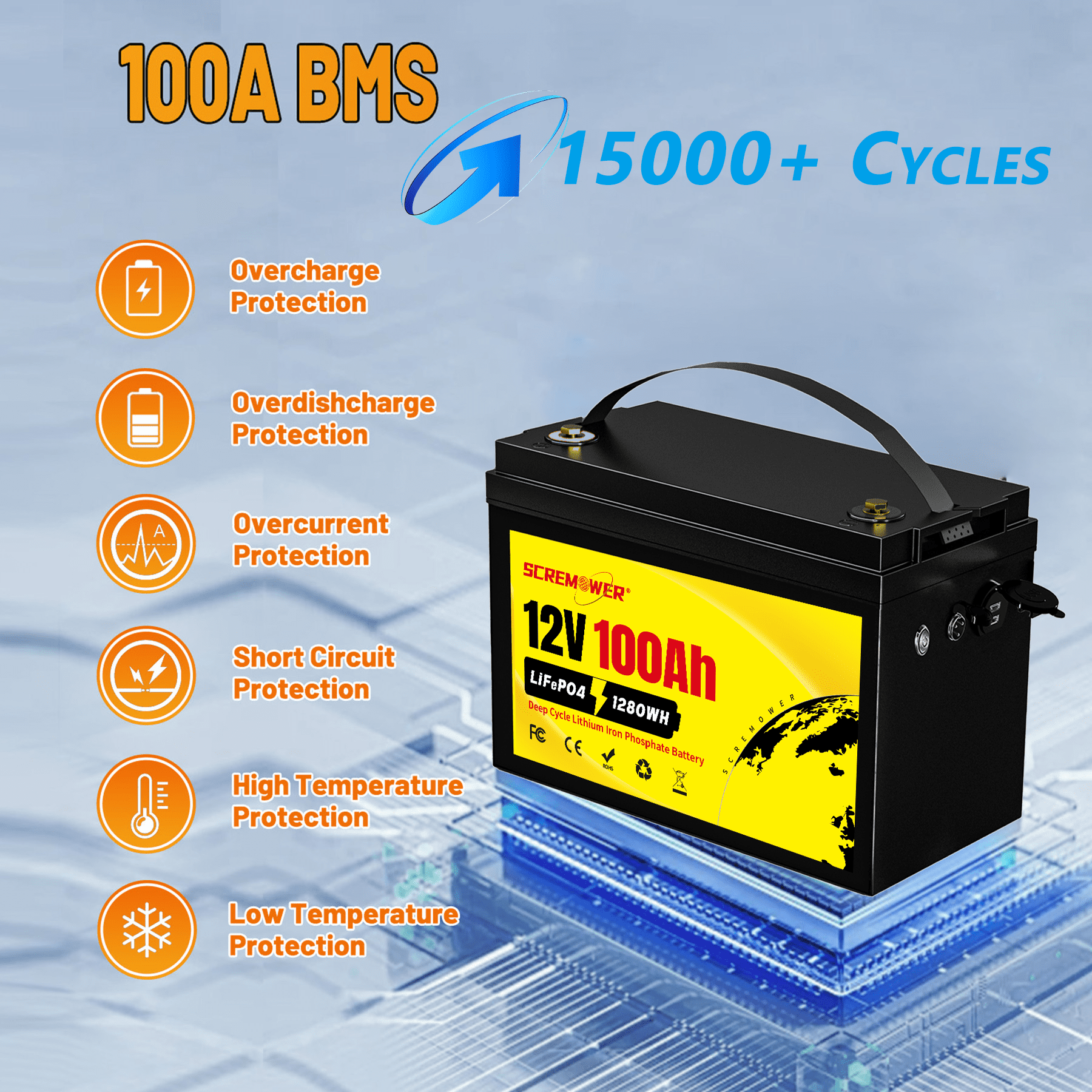 12V 100Ah LiFePO4 Battery, 100A BMS Trolling Motors Lithium Batteries, SCREMOWER BCI Group 31 Deep Cycles for RVs,Van, Boats,Camper,Solar