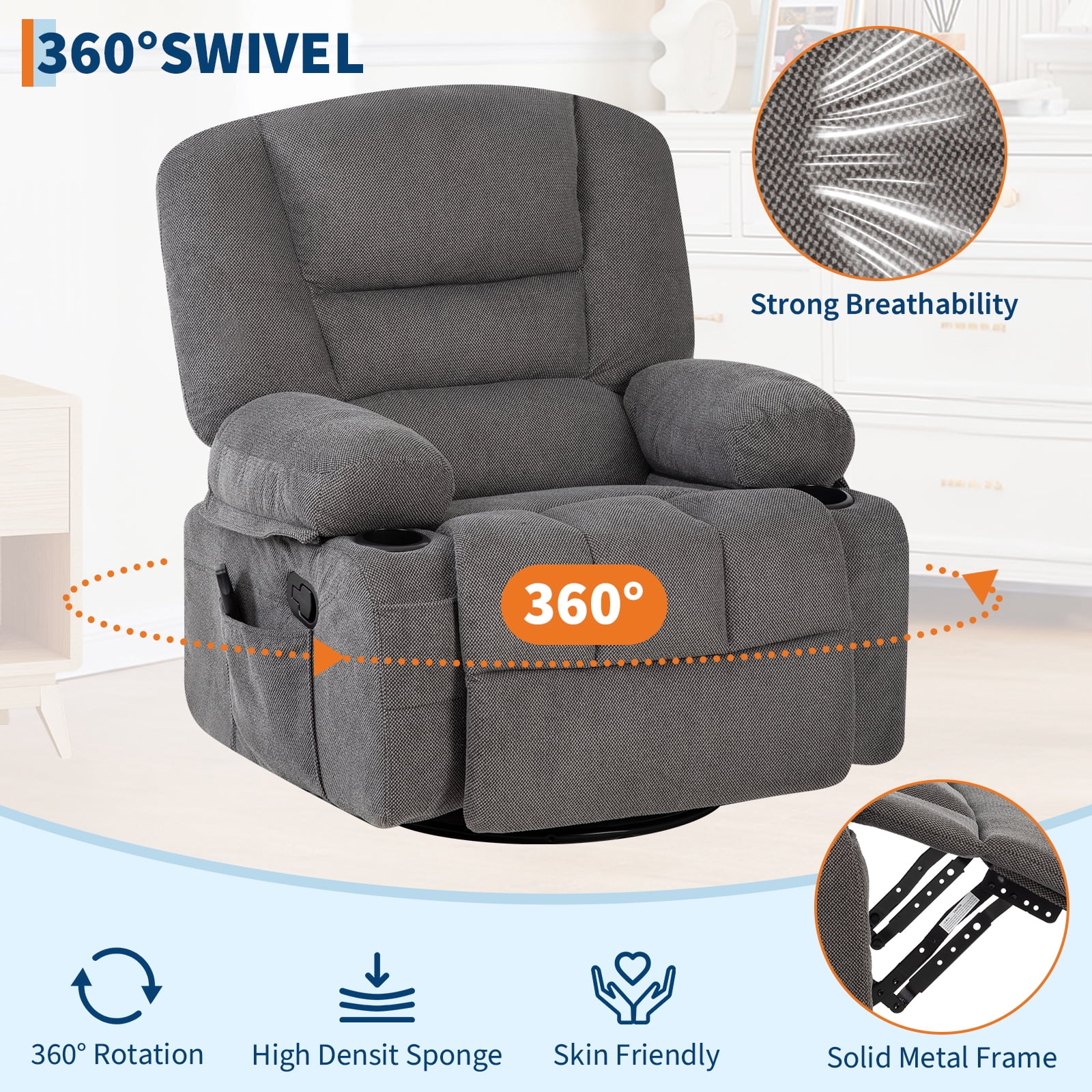 Massage Recliner Chair with Vibration & Heat - 360° Swivel Rocking Recliner, Cup Holders, Side Pockets, 350 lbs Support - Ideal for Living Room, Bedroom, Home Theater
