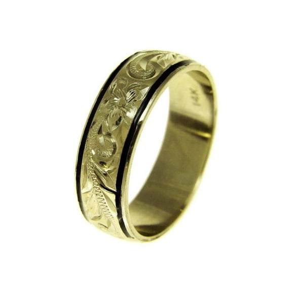 14k solid yellow gold custom made Hawaiian plumeria flower scroll 6mm black enamel edge ring band size 9