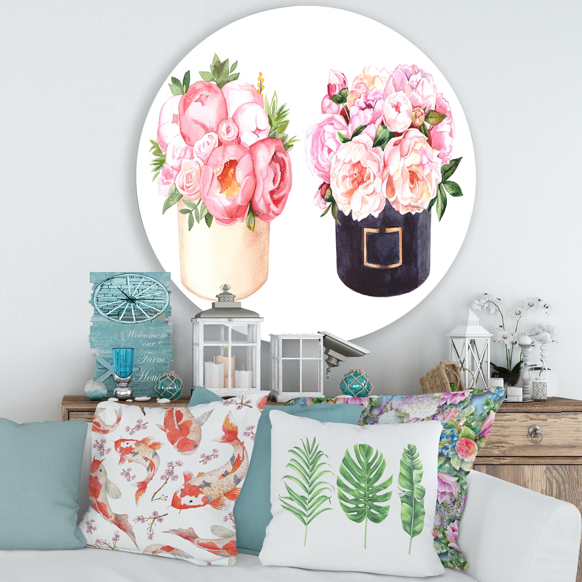 Designart 'Peonies and Rose With Flower Box' Farmhouse Circle Metal Wall Art 29x29 - Disc of 29