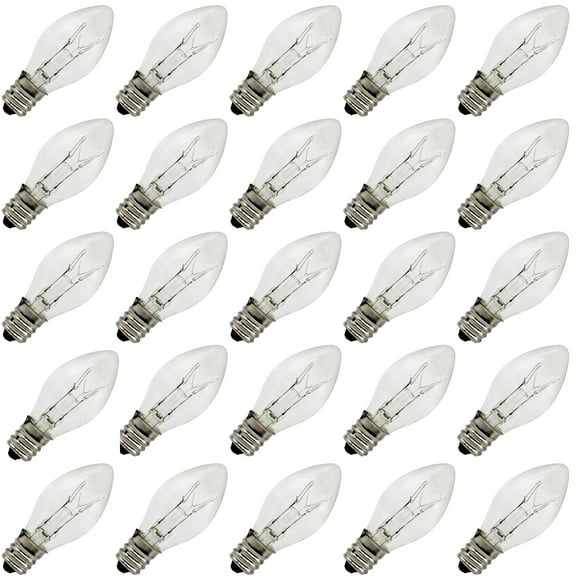 7 Watt, C7 Night Light Bulb, Longer Life 130 Volt, Clear, E12 Candelabra Base, Candle Lamp Replacement Bulbs, Incandescent Light Bulb, 25 Pack