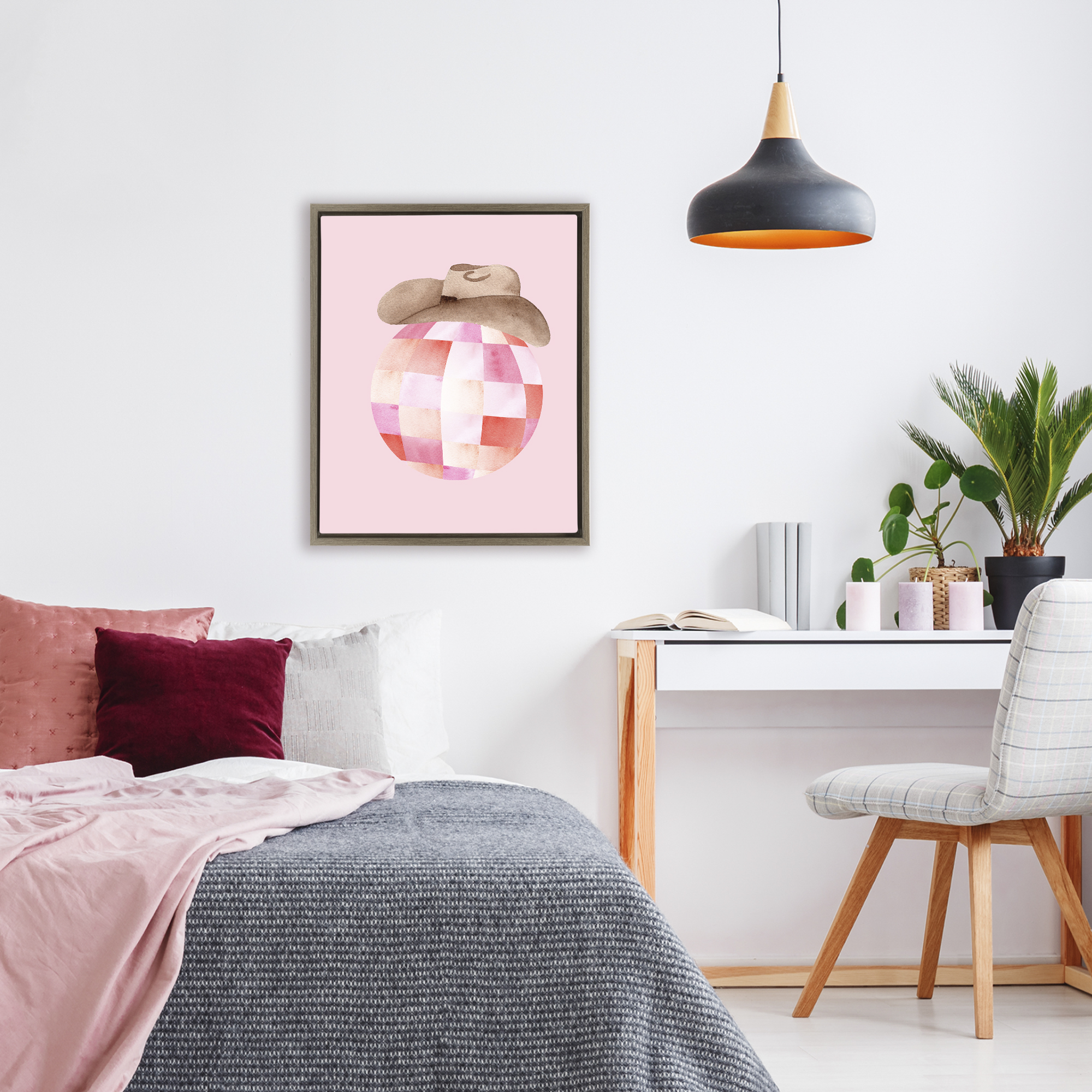 Rosy Disco Cowgirl Hat Brown Framed Floater Canvas Wall Art, design by Nina Jacobs