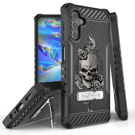 Tri-Shield Case for Gabb Phone 3 Pro, Slim Shockproof (MIL-STD 810G-516.6 Drop Tested) Military Grade Metal Kickstand Protective Cover - Skull Flowers