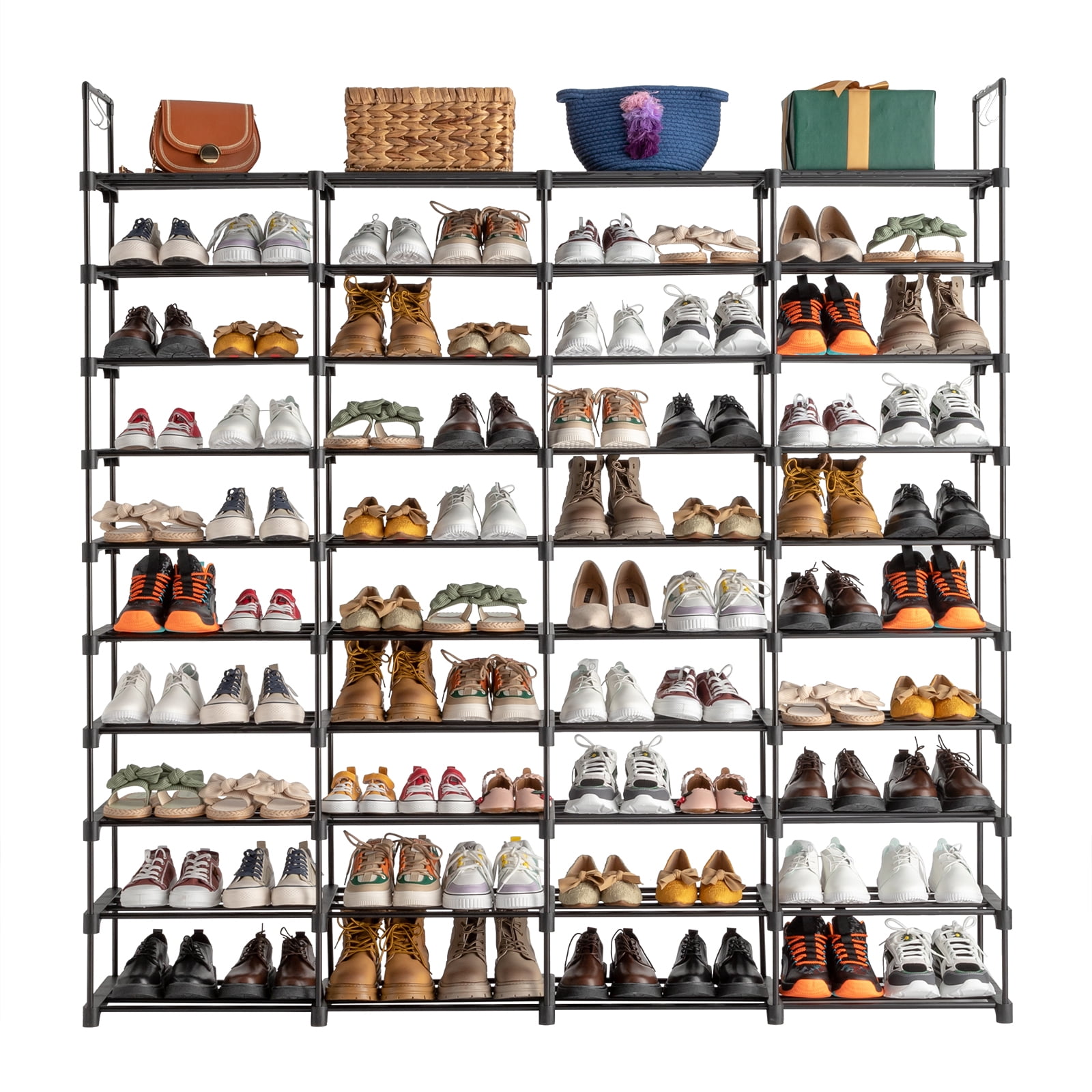 SESSLIFE 10 Tier Shoe Rack Organizer for Entryway 70-80 Pairs, DIY Stackable Shoe Rack for Closet Shoe Organizer with Sturdy Shelves and 4 Hooks, Metal Shoe Shelf Closet Organizer, Black