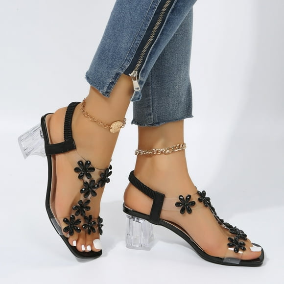 Kayannuo Womens Sandals Clearance Womens Fashion Women's Block Heel Sandals Clear Shoes Ankle Strap Sandals Work Daily Summer Flower Chunky Heel Sandals