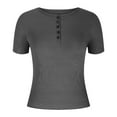 thumbnail image 5 of JGGSPWM Women's Summer Ribbed Knit Short Sleeve Henley Button Up Casual Blouse Slim Fit Basic Tops Gray XS, 5 of 6