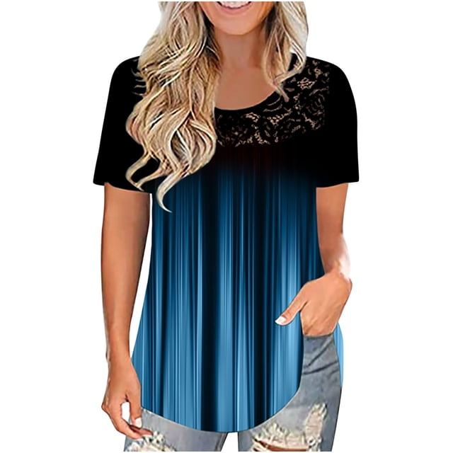 Pompotops Mode T-shirt Décontracté à Manches Courtes en Dentelle Col Rond Imprimé pour Femmes
