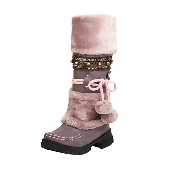 YLYL Winter Snow Boots for Women Fur Lined Furry Warm Lace up Anti-Slip Mid Calf Knight Boots