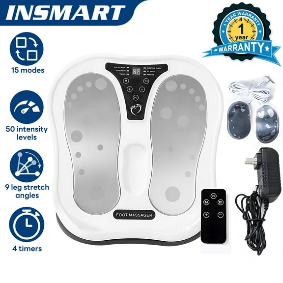 INSMART Foot Massager with EMS - 15 Modes, 50 Intensity Levels, Heating, Leg Stretch, Electrode Pads for Body Relief